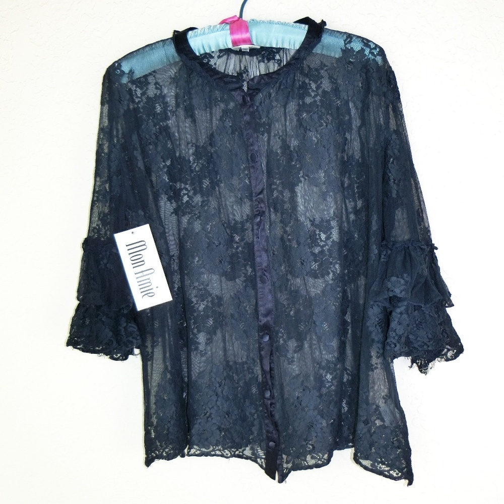 GHOST LONDON Romantic Sheer Navy Lace Ruffle Anthr